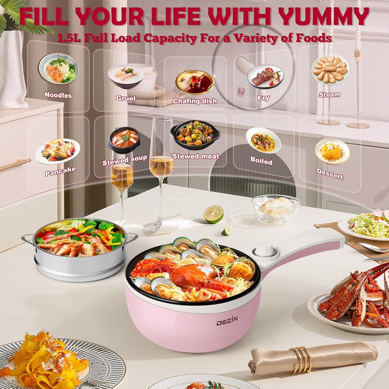 Dezin Hot Pot Electric Upgraded, Non-Stick Sauté Pan, Rapid Noodles Electric Pot, 1.5L Mini Portable Hot Pot for Steak, Egg, Fried Rice, Ramen, Oatmeal, Soup with Power Adjustment (Egg Rack Included)45
