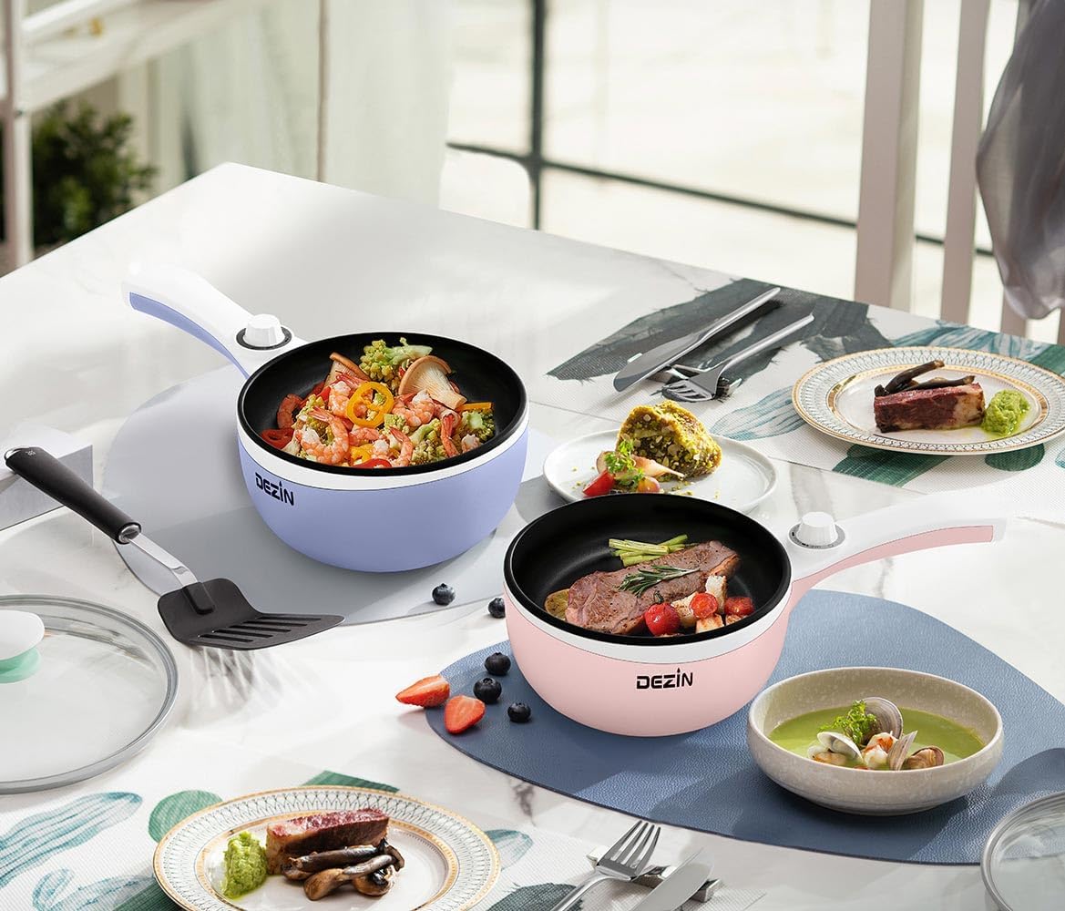 Dezin Hot Pot Electric Upgraded, Non-Stick Sauté Pan, Rapid Noodles Electric Pot, 1.5L Mini Portable Hot Pot for Steak, Egg, Fried Rice, Ramen, Oatmeal, Soup with Power Adjustment (Egg Rack Included)6