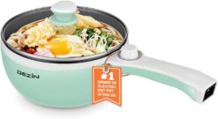 Dezin Hot Pot Electric Upgraded, Non-Stick Sauté Pan, Rapid Noodles Electric Pot, 1.5L Mini Portable Hot Pot for Steak, Egg, Fried Rice, Ramen, Oatmeal, Soup with Power Adjustment, Green (Egg Rack Included)