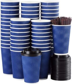 Disposable Coffee Cups with Lids and Straws - 16 oz (90 Set) Togo Hot Paper Coffee Cup with Lid To Go for Hot/Cold Beverages Espresso Tea Insulated Reusable Cold Drinks Ripple Cups Protect Fingers!