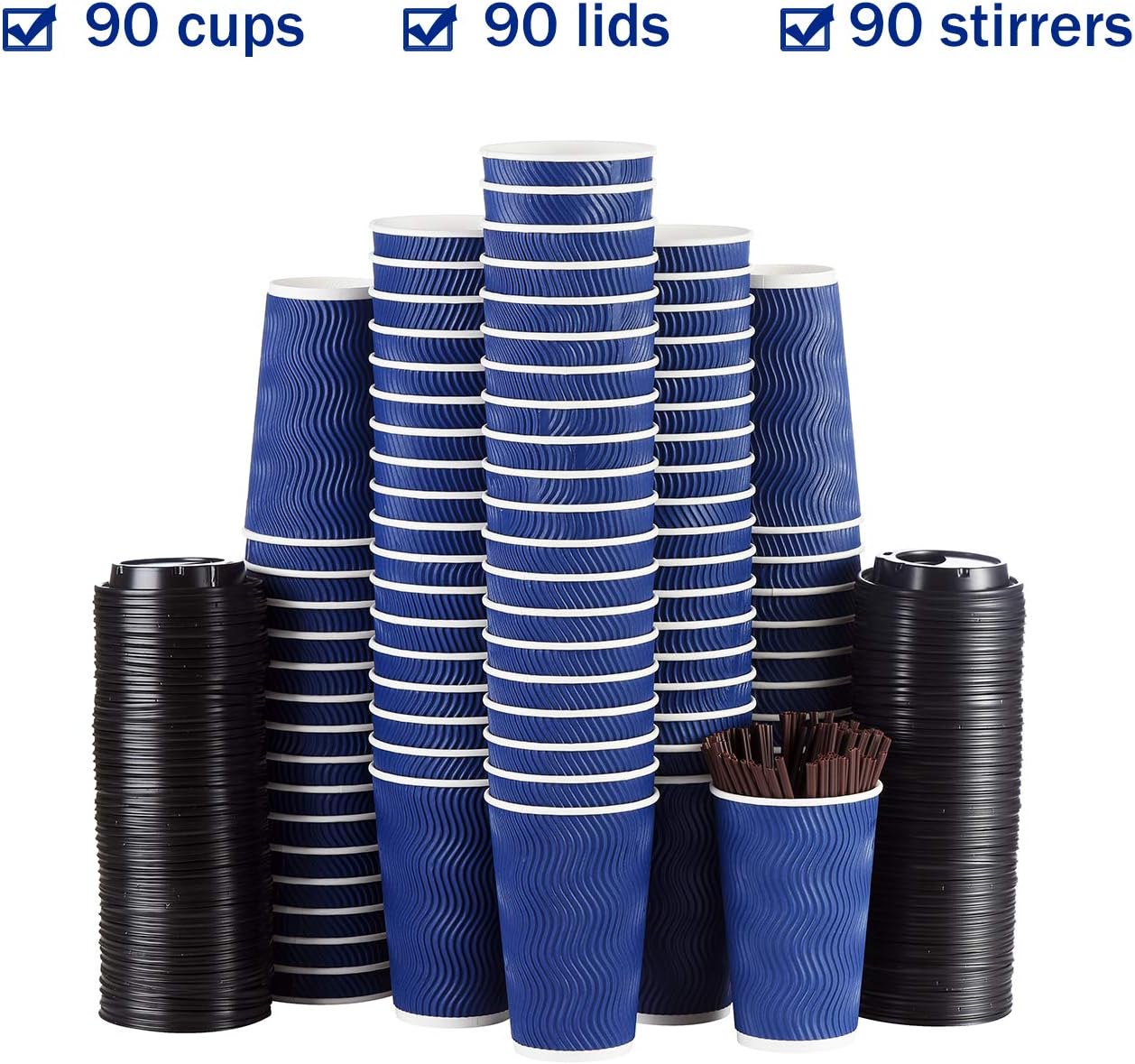 Disposable Coffee Cups with Lids and Straws - 16 oz (90 Set) Togo Hot Paper Coffee Cup with Lid To Go for Hot Cold Beverages Espresso Tea Insulated Reusable Cold Drinks Ripple Cups Protect Fingers!0