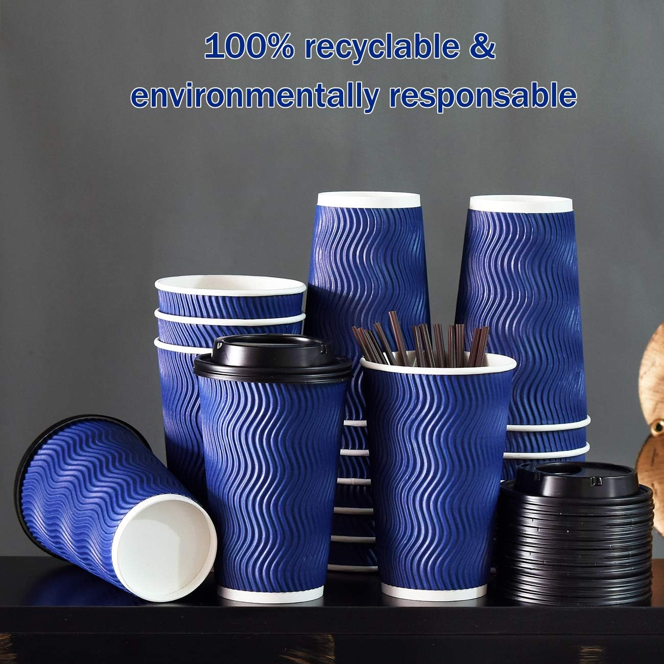 Disposable Coffee Cups with Lids and Straws - 16 oz (90 Set) Togo Hot Paper Coffee Cup with Lid To Go for Hot Cold Beverages Espresso Tea Insulated Reusable Cold Drinks Ripple Cups Protect Fingers!5