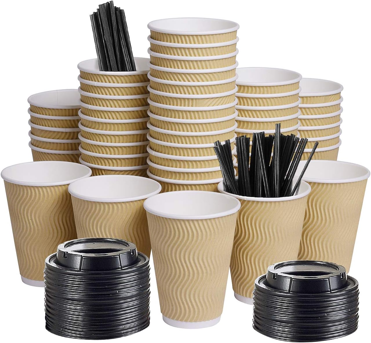 Disposable Paper Coffee Cups with Lids, 100 pack 12 oz Ripple Wall Insulated To Go Coffee Cups for Hot Cold Beverage, Recyclable Takeaway Drinking Cups for Home Office Cafe Party Disposable Paper Coffee Cups with Lids, 100 pack 12 oz Ripple Wall Insulated To Go Coffee Cups for Hot/Cold Beverage, Recyclable Takeaway Drinking Cups for Home Office Cafe Party