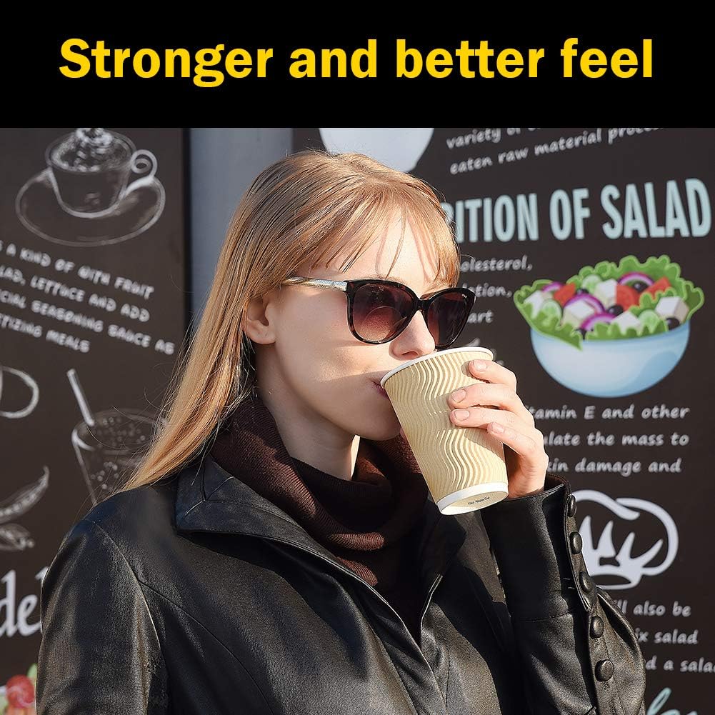 Disposable Paper Coffee Cups with Lids, 100 pack 12 oz Ripple Wall Insulated To Go Coffee Cups for Hot Cold Beverage, Recyclable Takeaway Drinking Cups for Home Office Cafe Party6