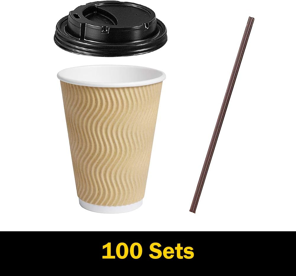 Disposable Paper Coffee Cups with Lids, 100 pack 12 oz Ripple Wall Insulated To Go Coffee Cups for Hot Cold Beverage, Recyclable Takeaway Drinking Cups for Home Office Cafe Party7