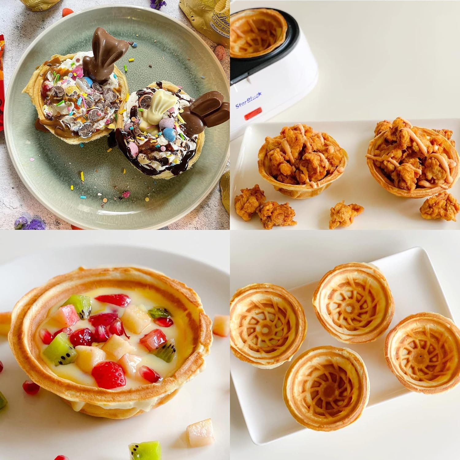 Double Waffle Bowl Maker by StarBlue - White - Make bowl shapes Belgian waffles in minutes Best for serving ice cream and fruit Gift ideas 110V 50 60Hz 1200W7