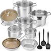 Duxtop 17PC Professional Stainless Steel Induction Cookware Set, Stainless Steel Ceramic Nonstick Pan Set, Impact-bonded Technology, FUSION Titanium Reinforced Ceramic Coating, Brown