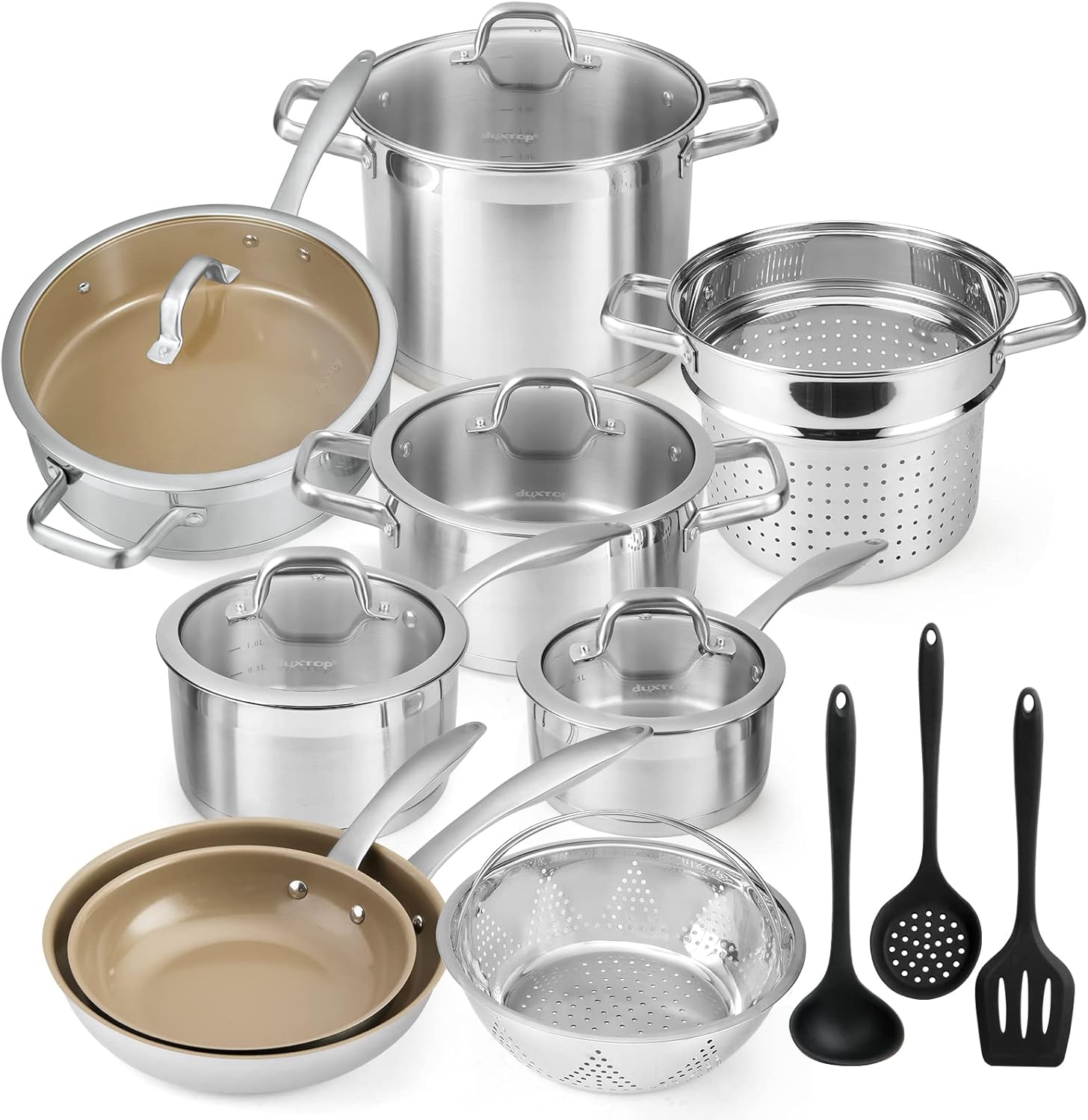 Duxtop 17PC Professional Stainless Steel Induction Cookware Set, Stainless Steel Ceramic Nonstick Pan Set, Impact-bonded Technology, FUSION Titanium Reinforced Ceramic Coating, Brown Duxtop 17PC Professional Stainless Steel Induction Cookware Set, Stainless Steel Ceramic Nonstick Pan Set, Impact-bonded Technology, FUSION Titanium Reinforced Ceramic Coating, Brown
