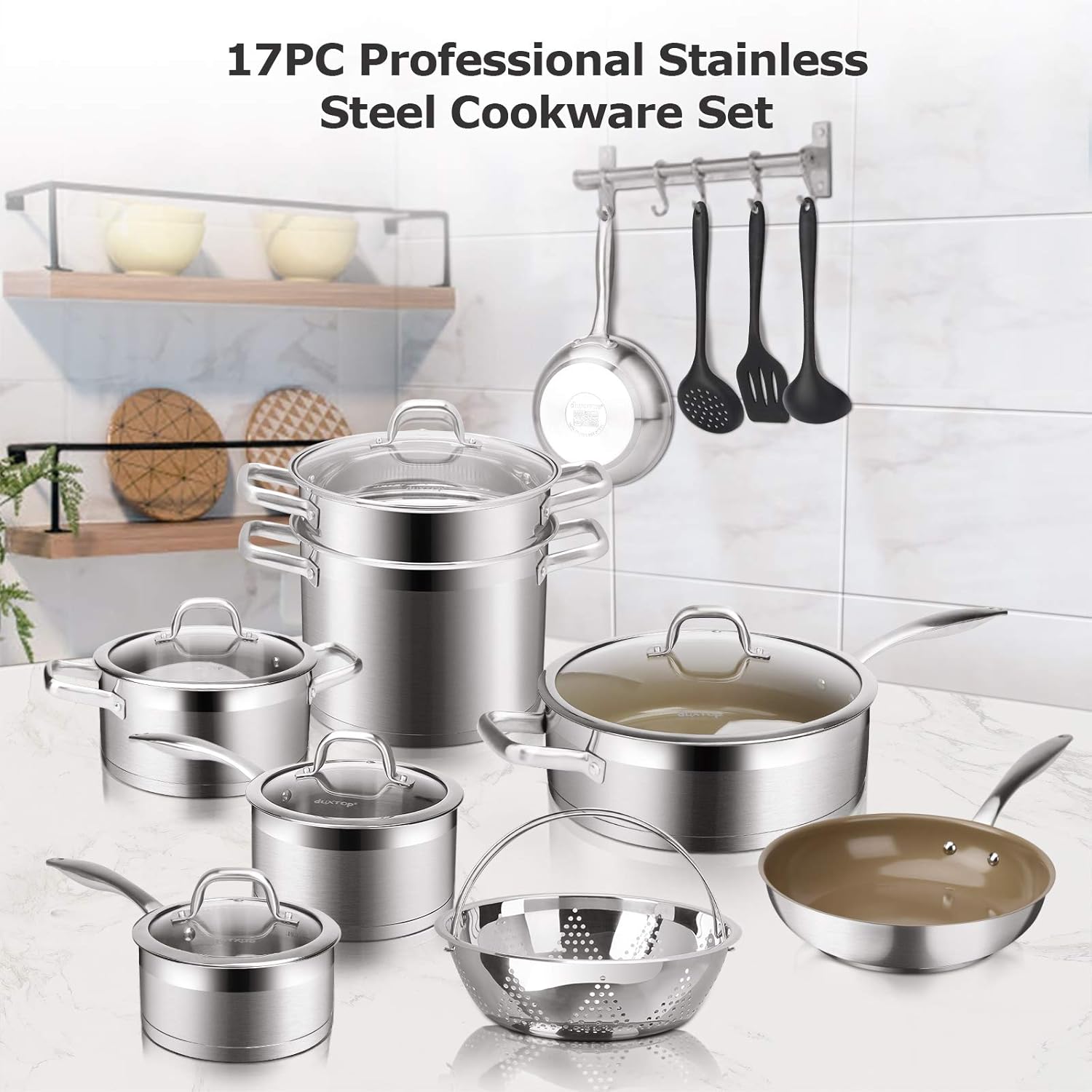 Duxtop 17PC Professional Stainless Steel Induction Cookware Set, Stainless Steel Ceramic Nonstick Pan Set, Impact-bonded Technology, FUSION Titanium Reinforced Ceramic Coating, Brown3