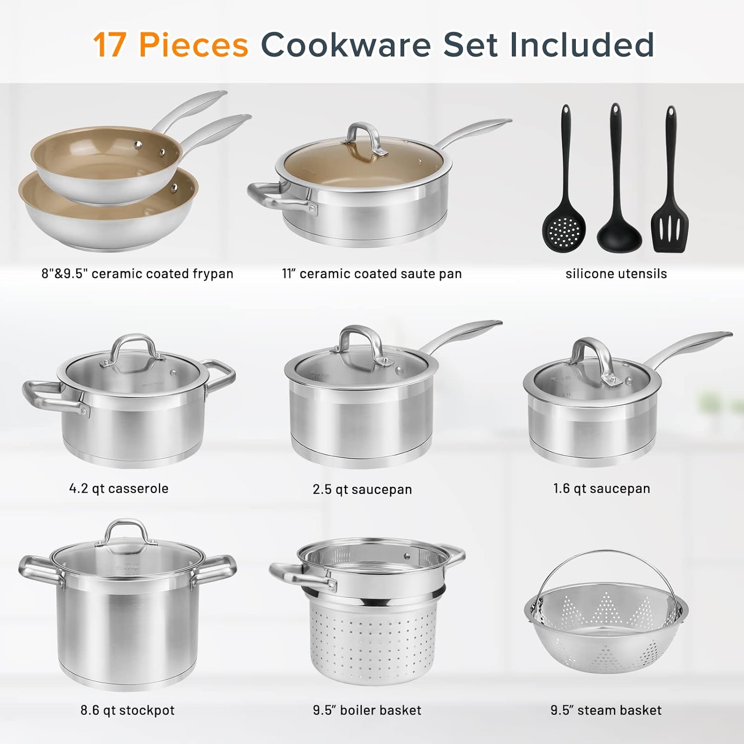 Duxtop 17PC Professional Stainless Steel Induction Cookware Set, Stainless Steel Ceramic Nonstick Pan Set, Impact-bonded Technology, FUSION Titanium Reinforced Ceramic Coating, Brown7