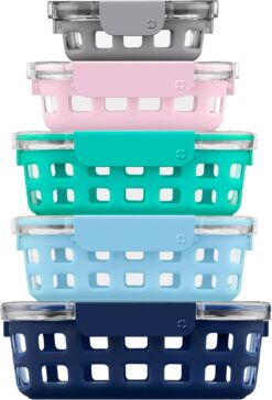 Ello Duraglass Mixed Meal Prep Sets Leak-Proof Glass Food Storage Containers with Silicone Sleeves and Airtight BPA-Free Lids, Dishwasher, Microwave, and Freezer Safe, Venice Boardwalk Mixed Set