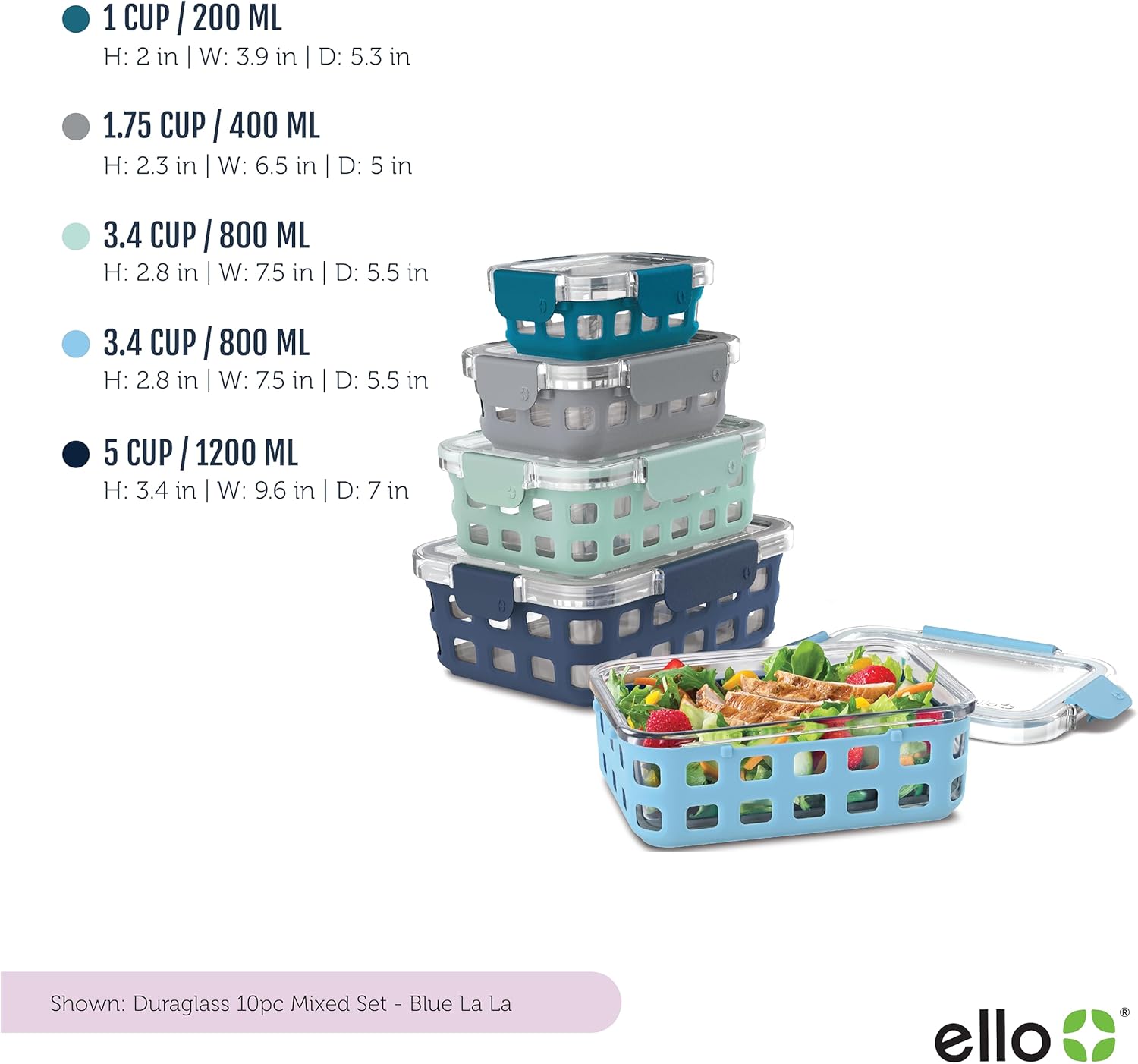 Ello Duraglass Mixed Meal Prep Sets Leak-Proof Glass Food Storage Containers with Silicone Sleeves and Airtight BPA-Free Lids, Dishwasher, Microwave, and Freezer Safe3