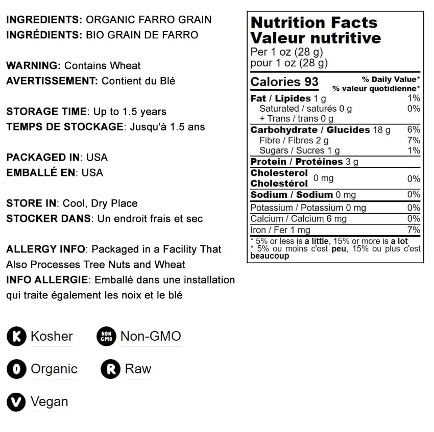 Food to Live Organic Italian Pearled Farro, 8 Pounds – Non-GMO, Kosher, Vegan, Whole Farro Grain in Bulk. Good Source of Fiber and Protein. Free of Sodium and Sugar5