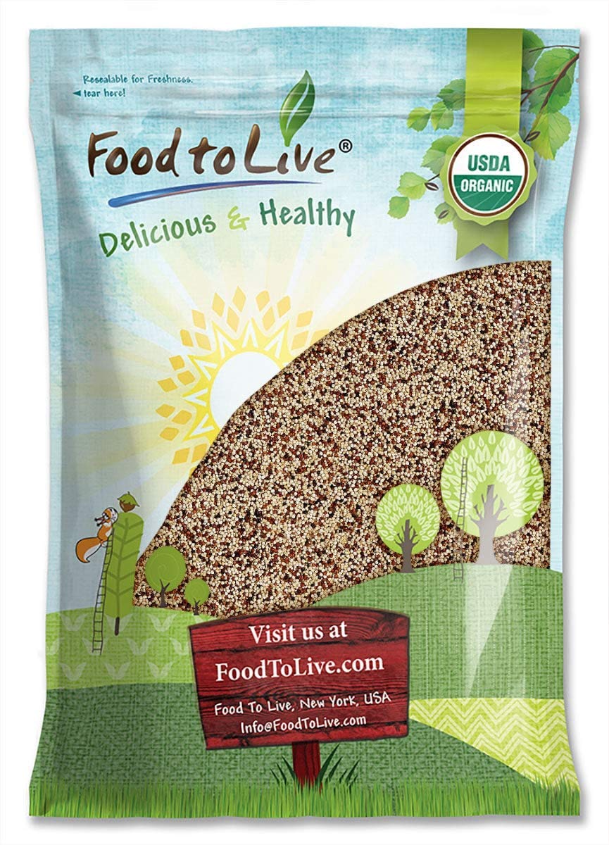 Food to Live Organic Tri-Color Quinoa, 10 Pounds — Non-GMO, Three-Color Blend of White, Black, and Red, Whole Grain, Non-Irradiated, Kosher, Vegan, Sproutable, Sirtfood, Good Source of Fiber, Protein Food to Live Organic Tri-Color Quinoa, 10 Pounds — Non-GMO, Three-Color Blend of White, Black, and Red, Whole Grain, Non-Irradiated, Kosher, Vegan, Sproutable, Sirtfood, Good Source of Fiber, Protein