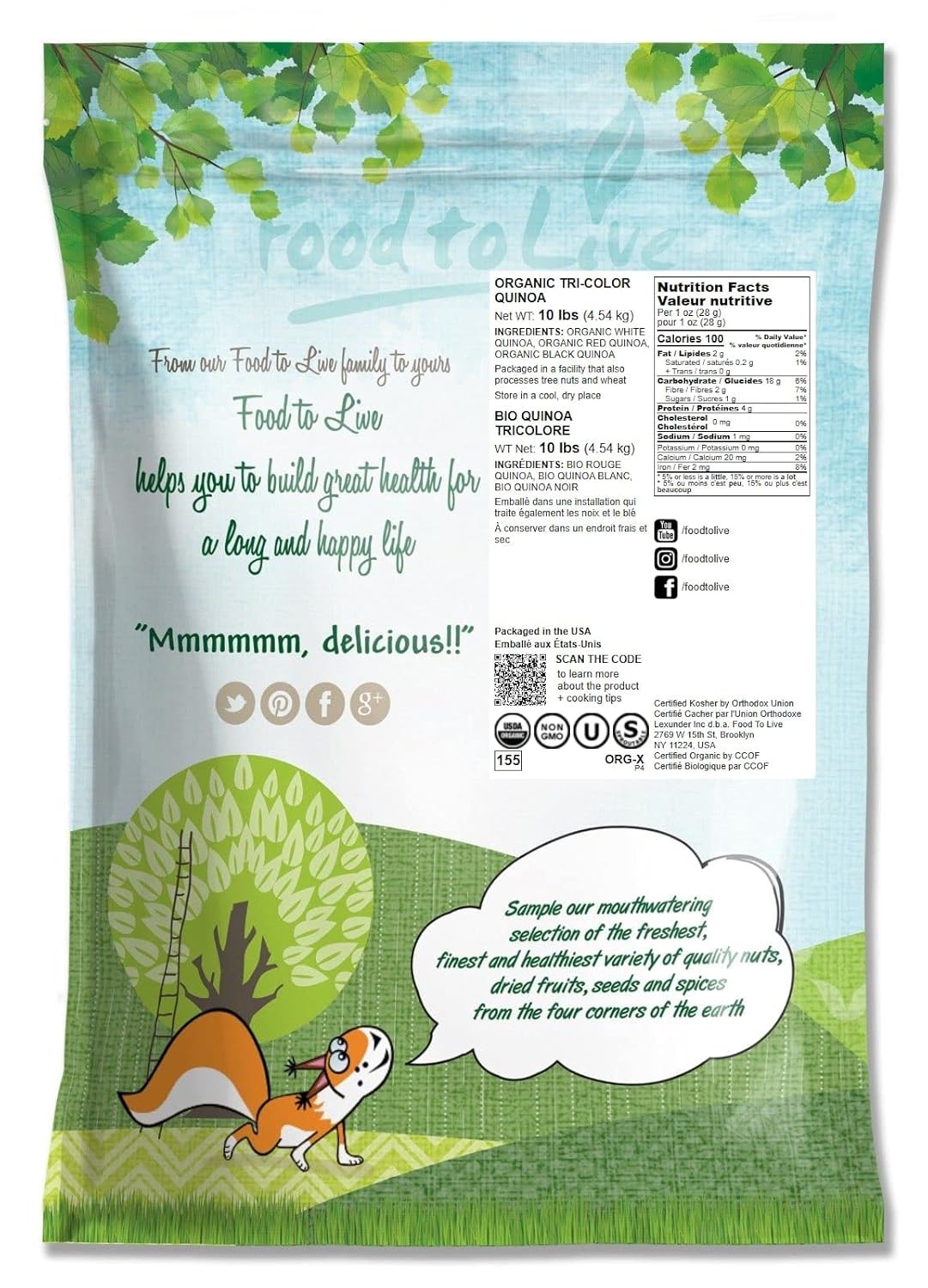 Food to Live Organic Tri-Color Quinoa, 10 Pounds — Non-GMO, Three-Color Blend of White, Black, and Red, Whole Grain, Non-Irradiated, Kosher, Vegan, Sproutable, Sirtfood, Good Source of Fiber, Protein1