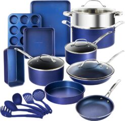 GRANITESTONE Blue 20 Pc Kitchen Pots and Pans Set Non Stick Cookware Set, Kitchen Cookware Sets, Granite Nonstick Cookware Set, Diamond Coated Non Toxic Cookware Set, Oven & Dishwasher Safe