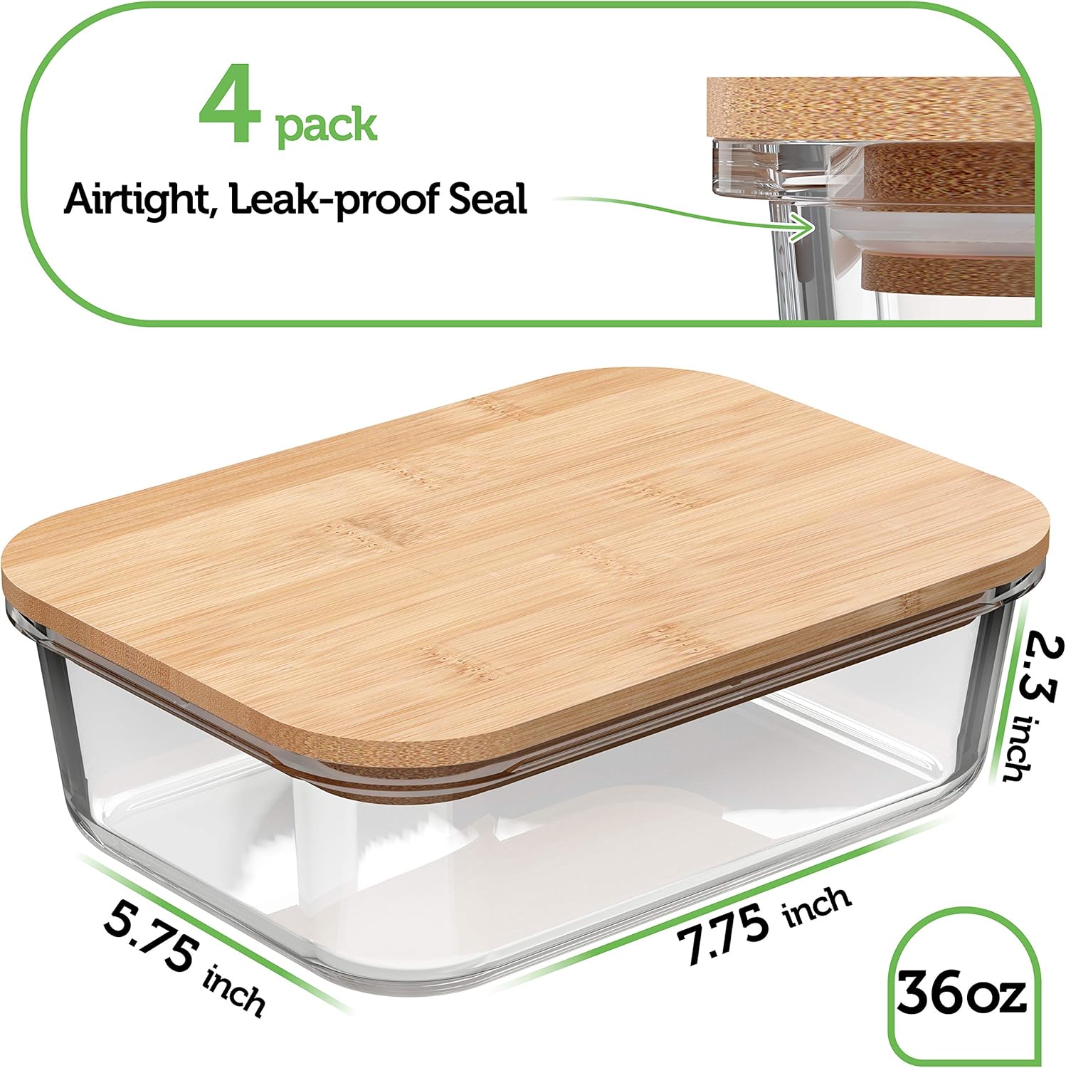 Glass Food Storage Containers with Bamboo Lids (4 Pack, 36 Ounce) Eco Friendly Meal Prep Containers Airtight – Plastic Free, BPA Free2