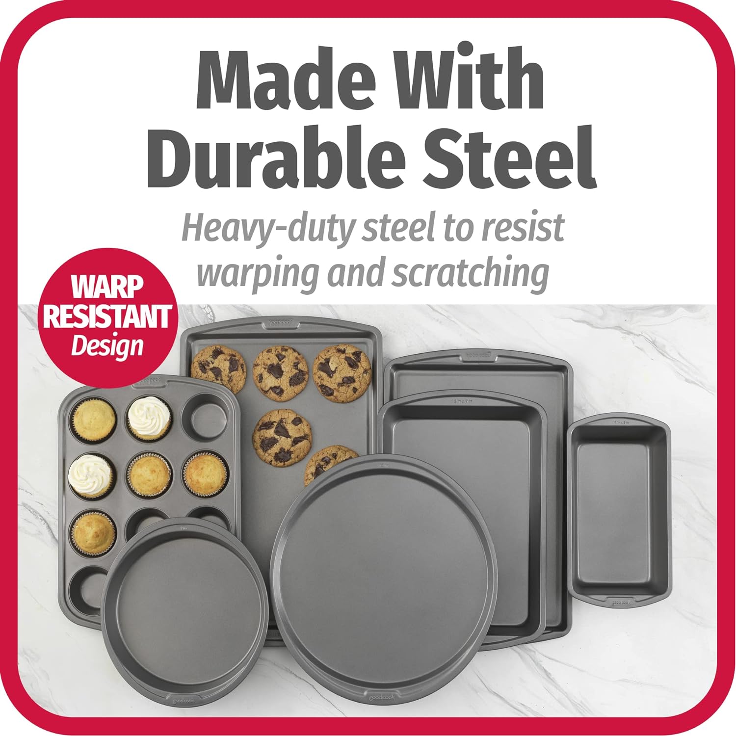 GoodCook Everyday 7-Piece Non-Stick Bakeware Set – 2 Cookie Sheet Pans, Round Cake Pan, Loaf Pan, Pizza Pan, Bake & Roast Pan, 12-Cup Muffin Pan - Baking Supplies, Baking Pans Set4