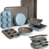 Goodful All-In-One Nonstick Bakeware Set, Stackable and Space Saving Design includes Round and Square Pans, Muffin Pans, Cookie Sheet and Roaster, Dishwasher Safe, 8-Piece, Blue Mist
