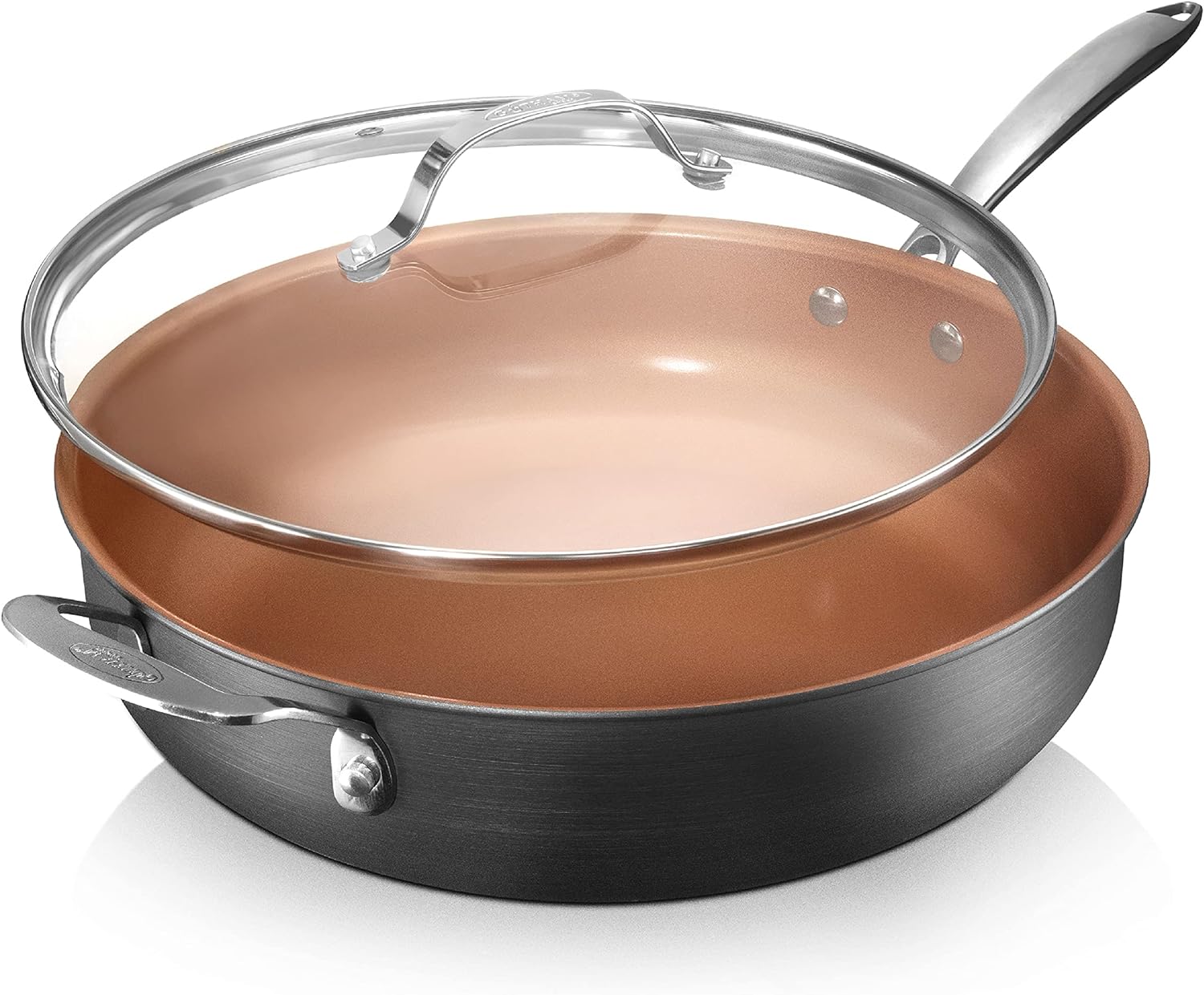 Gotham Steel Nonstick Deep Saute Pan with Lid – 5.5 Quart Large Ceramic Jumbo Cooker 12 Inch Frying Pan with Lid, Stay Cool Handle + Helper Handle, Oven & Dishwasher Safe, 100% PFOA Free Gotham Steel Nonstick Deep Saute Pan with Lid – 5.5 Quart Large Ceramic Jumbo Cooker 12 Inch Frying Pan with Lid, Stay Cool Handle + Helper Handle, Oven & Dishwasher Safe, 100% PFOA Free