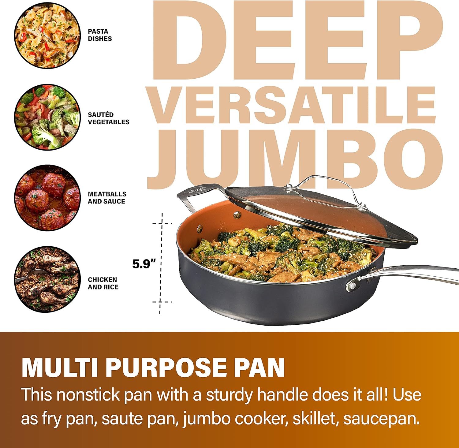 Gotham Steel Nonstick Deep Saute Pan with Lid – 5.5 Quart Large Ceramic Jumbo Cooker 12 Inch Frying Pan with Lid, Stay Cool Handle + Helper Handle, Oven & Dishwasher Safe, 100% PFOA Free1