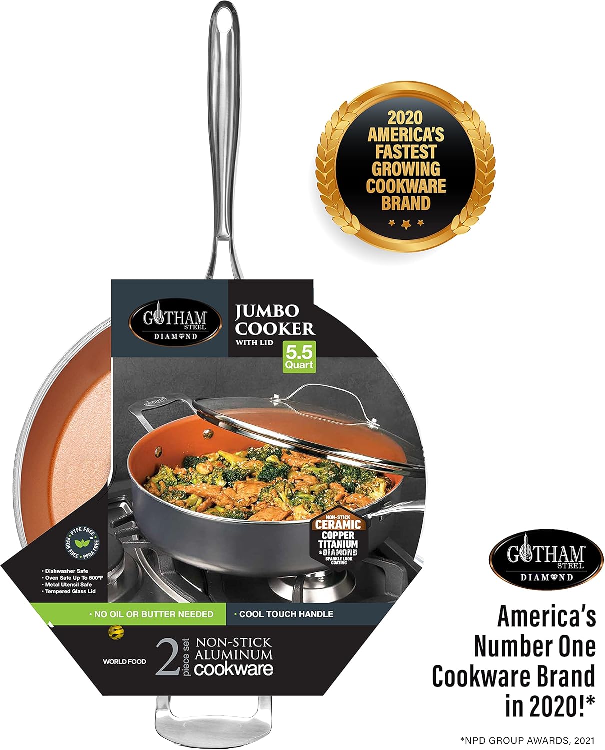 Gotham Steel Nonstick Deep Saute Pan with Lid – 5.5 Quart Large Ceramic Jumbo Cooker 12 Inch Frying Pan with Lid, Stay Cool Handle + Helper Handle, Oven & Dishwasher Safe, 100% PFOA Free8