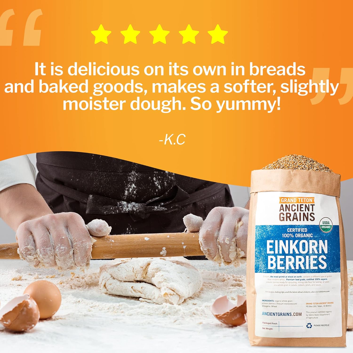 Grand Teton Ancient Grains - 100% Organic Einkorn Berries, Premium Food-Grade Farro Piccolo, For Milling into Flour, Baking, Pilafs, & Soups, 25 lbs0