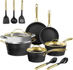 Granitestone 15 Pc Ceramic Pots and Pans Set Non Stick, Kitchen Cookware Sets, Pot and Pan Set, Ceramic Cookware Set, Non Stick Pots and Pan Set with Induction Cookware, Dishwasher Safe, Black