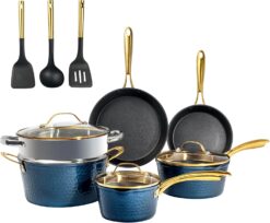 Granitestone 15 Pc Kitchen Pots and Pans Set Non Stick, Pot and Pan Set, Kitchen Cookware Sets, Induction Cookware Set, Non Stick Pots and Pan Set with Lids, Pot Set, Dishwasher Safe, Navy Gold