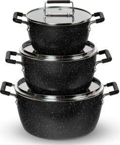 Granitestone Black Pots and Pans Set Nonstick, 6 Stackable Piece Cooking Pots Set, Kitchen Pots, Non Stick Coating, 5qt 3qt & 1.5qt Pots with Lids, Stay Cool Handles Dishwasher Safe 100% Toxin Free