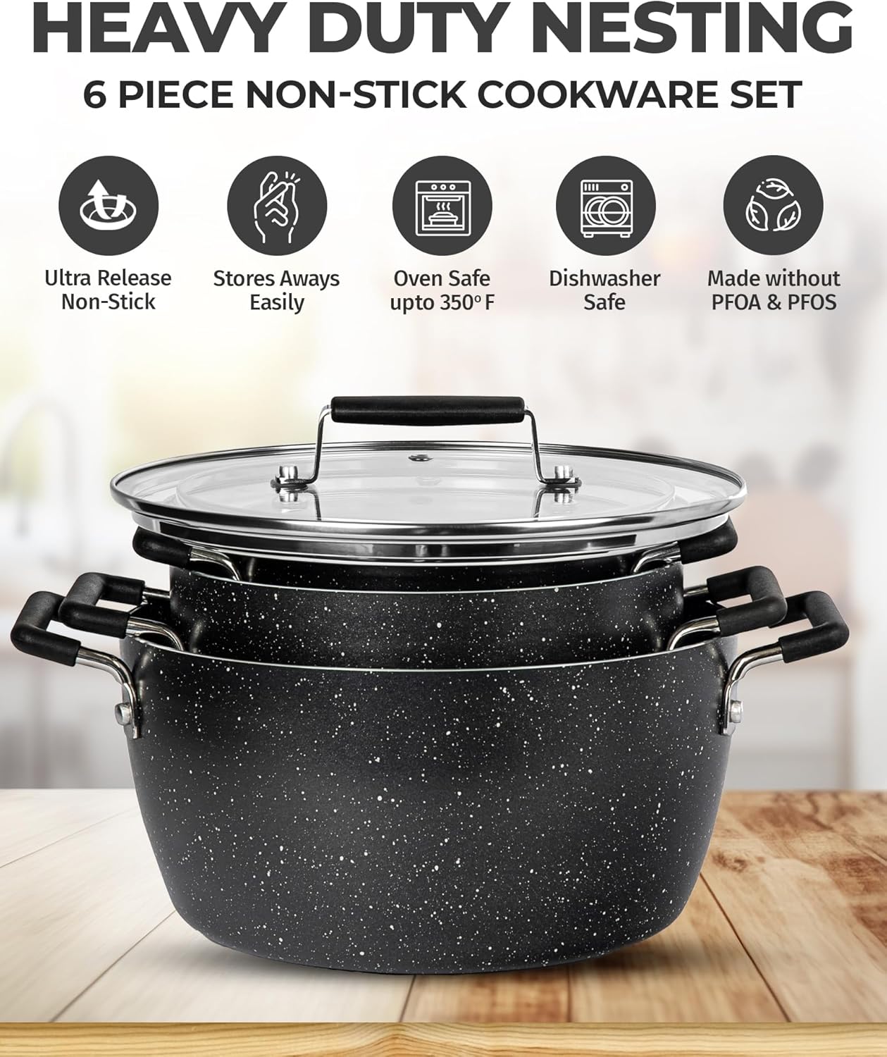 Granitestone Black Pots and Pans Set Nonstick, 6 Stackable Piece Cooking Pots Set, Kitchen Pots, Non Stick Coating, 5qt 3qt & 1.5qt Pots with Lids, Stay Cool Handles Dishwasher Safe 100% Toxin Free1