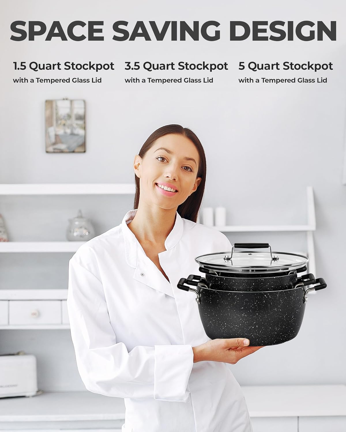 Granitestone Black Pots and Pans Set Nonstick, 6 Stackable Piece Cooking Pots Set, Kitchen Pots, Non Stick Coating, 5qt 3qt & 1.5qt Pots with Lids, Stay Cool Handles Dishwasher Safe 100% Toxin Free3