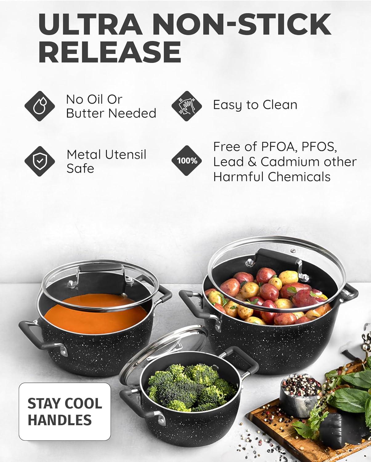 Granitestone Black Pots and Pans Set Nonstick, 6 Stackable Piece Cooking Pots Set, Kitchen Pots, Non Stick Coating, 5qt 3qt & 1.5qt Pots with Lids, Stay Cool Handles Dishwasher Safe 100% Toxin Free5