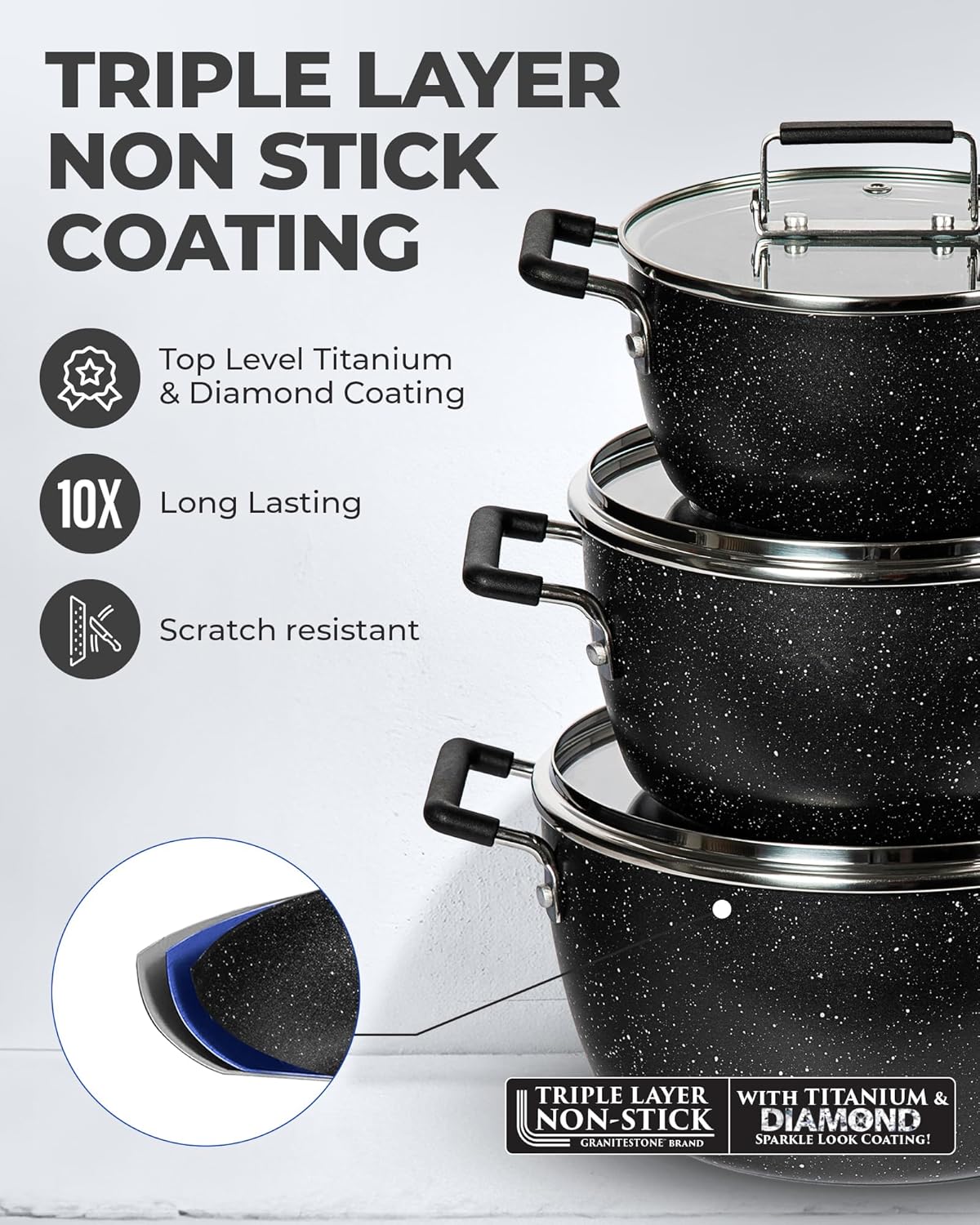 Granitestone Black Pots and Pans Set Nonstick, 6 Stackable Piece Cooking Pots Set, Kitchen Pots, Non Stick Coating, 5qt 3qt & 1.5qt Pots with Lids, Stay Cool Handles Dishwasher Safe 100% Toxin Free6