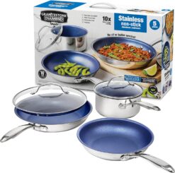 Granitestone Blue 5 Pc Stainless Steel Cookware Set, Kitchen Pots and Pans Set Non Stick, Kitchen Cookware Sets with Induction Cookware, Non Toxic, Dishwasher Safe