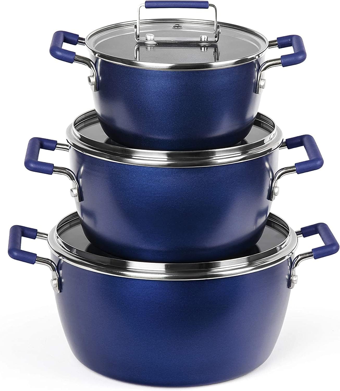 Granitestone Blue Pots and Pans Set Nonstick, 6 Stackable Piece Cooking Pots Set, Kitchen Pots, Non Stick Coating, 5qt 3qt & 1.5qt Pots with Lids, Stay Cool Handles Dishwasher Safe 100% Toxin Free Granitestone Blue Pots and Pans Set Nonstick, 6 Stackable Piece Cooking Pots Set, Kitchen Pots, Non Stick Coating, 5qt 3qt & 1.5qt Pots with Lids, Stay Cool Handles Dishwasher Safe 100% Toxin Free