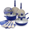 GreenLife Sandstone Healthy Ceramic Nonstick, 15 Piece Kitchen Cookware Pots and Frying Sauce Pans Set, PFAS- Free, Dishwasher Safe, Blue