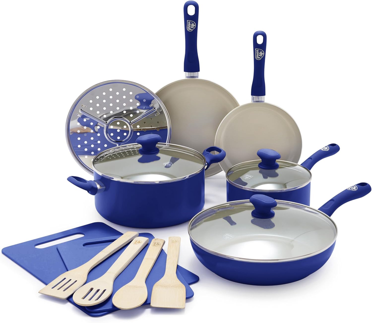 GreenLife Sandstone Healthy Ceramic Nonstick, 15 Piece Kitchen Cookware Pots and Frying Sauce Pans Set, PFAS- Free, Dishwasher Safe, Blue GreenLife Sandstone Healthy Ceramic Nonstick, 15 Piece Kitchen Cookware Pots and Frying Sauce Pans Set, PFAS- Free, Dishwasher Safe, Blue