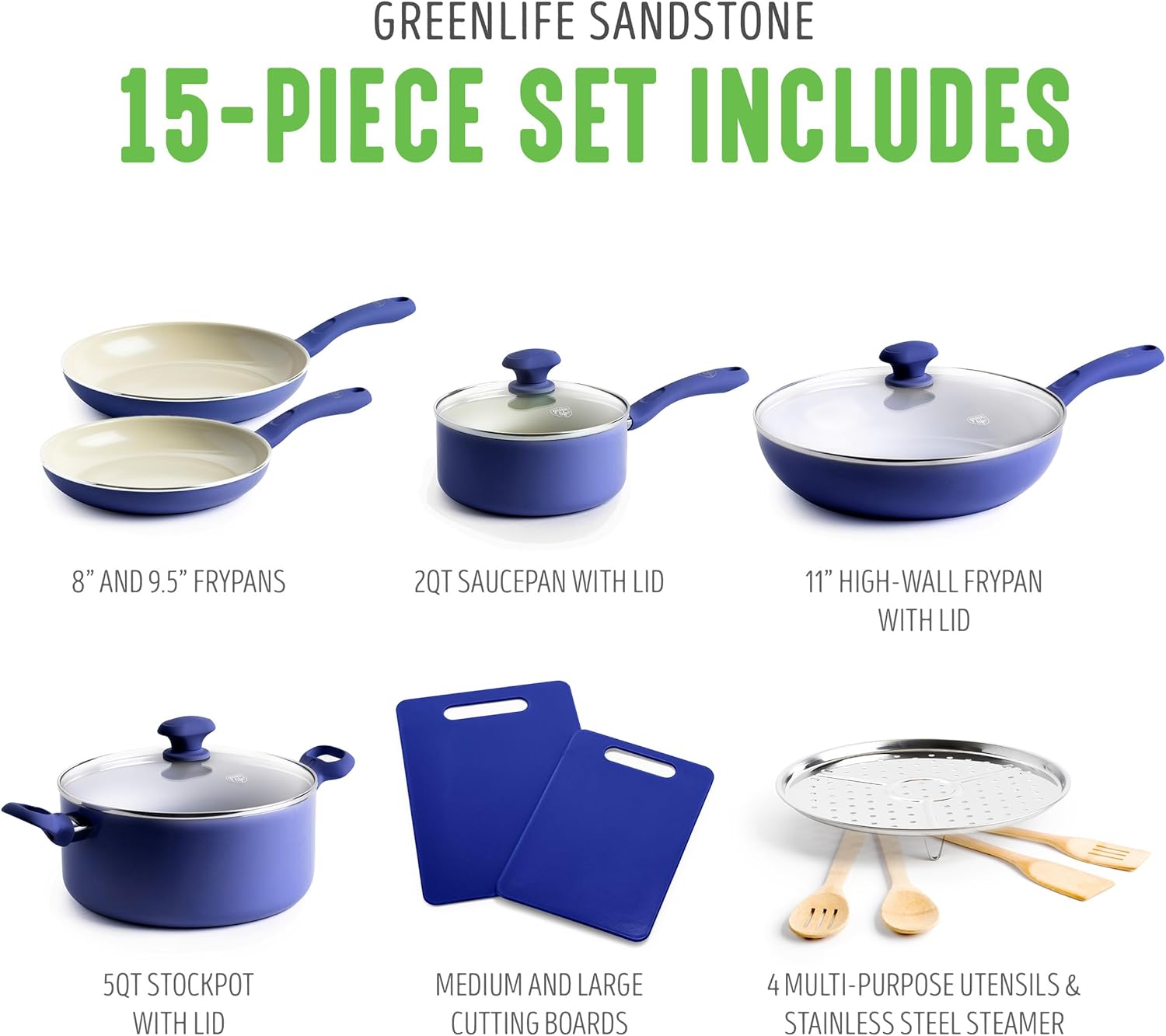 GreenLife Sandstone Healthy Ceramic Nonstick, 15 Piece Kitchen Cookware Pots and Frying Sauce Pans Set, PFAS- Free, Dishwasher Safe, Blue2