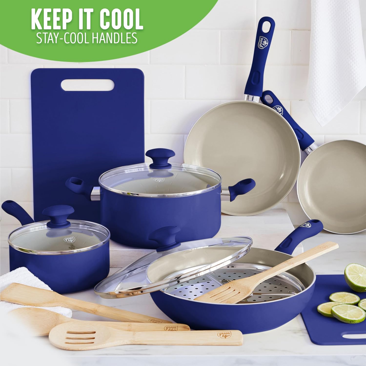 GreenLife Sandstone Healthy Ceramic Nonstick, 15 Piece Kitchen Cookware Pots and Frying Sauce Pans Set, PFAS- Free, Dishwasher Safe, Blue9