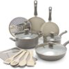 GreenLife Sandstone Healthy Ceramic Nonstick, 15 Piece Kitchen Cookware Pots and Frying Sauce Pans Set, PFAS- Free, Dishwasher Safe, Gray