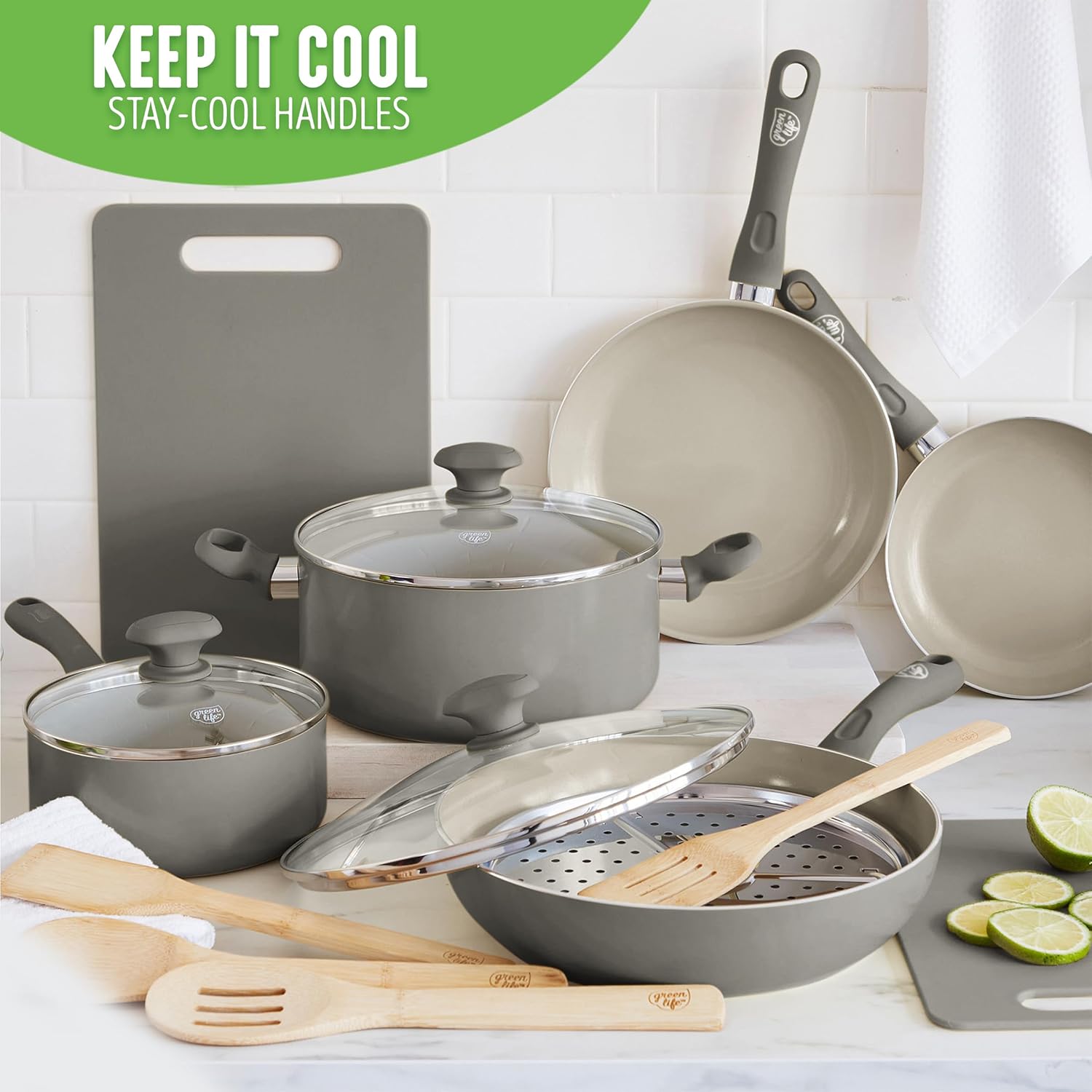 GreenLife Sandstone Healthy Ceramic Nonstick, 15 Piece Kitchen Cookware Pots and Frying Sauce Pans Set, PFAS- Free, Dishwasher Safe, Gray9