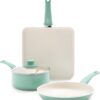 GreenLife Soft Grip Absolutely Toxin-Free Healthy Ceramic Nonstick Dishwasher/Oven Safe Stay Cool Handle Cookware Set, 4-Piece, Turquoise