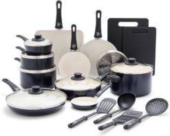 GreenLife Soft Grip Healthy Ceramic Nonstick 23 Piece Kitchen Cookware Pots and Frying Sauce Saute Pans Set with Kitchen Utensils, PFAS-Free, Dishwasher Safe, Black