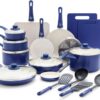 GreenLife Soft Grip Healthy Ceramic Nonstick 23 Piece Kitchen Cookware Pots and Frying Sauce Saute Pans Set with Kitchen Utensils, PFAS-Free, Dishwasher Safe, Blue