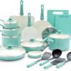 GreenLife Soft Grip Healthy Ceramic Nonstick 23 Piece Kitchen Cookware Pots and Frying Sauce Saute Pans Set with Kitchen Utensils, PFAS-Free, Dishwasher Safe, Turquoise