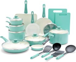 GreenLife Soft Grip Healthy Ceramic Nonstick 23 Piece Kitchen Cookware Pots and Frying Sauce Saute Pans Set with Kitchen Utensils, PFAS-Free, Dishwasher Safe, Turquoise