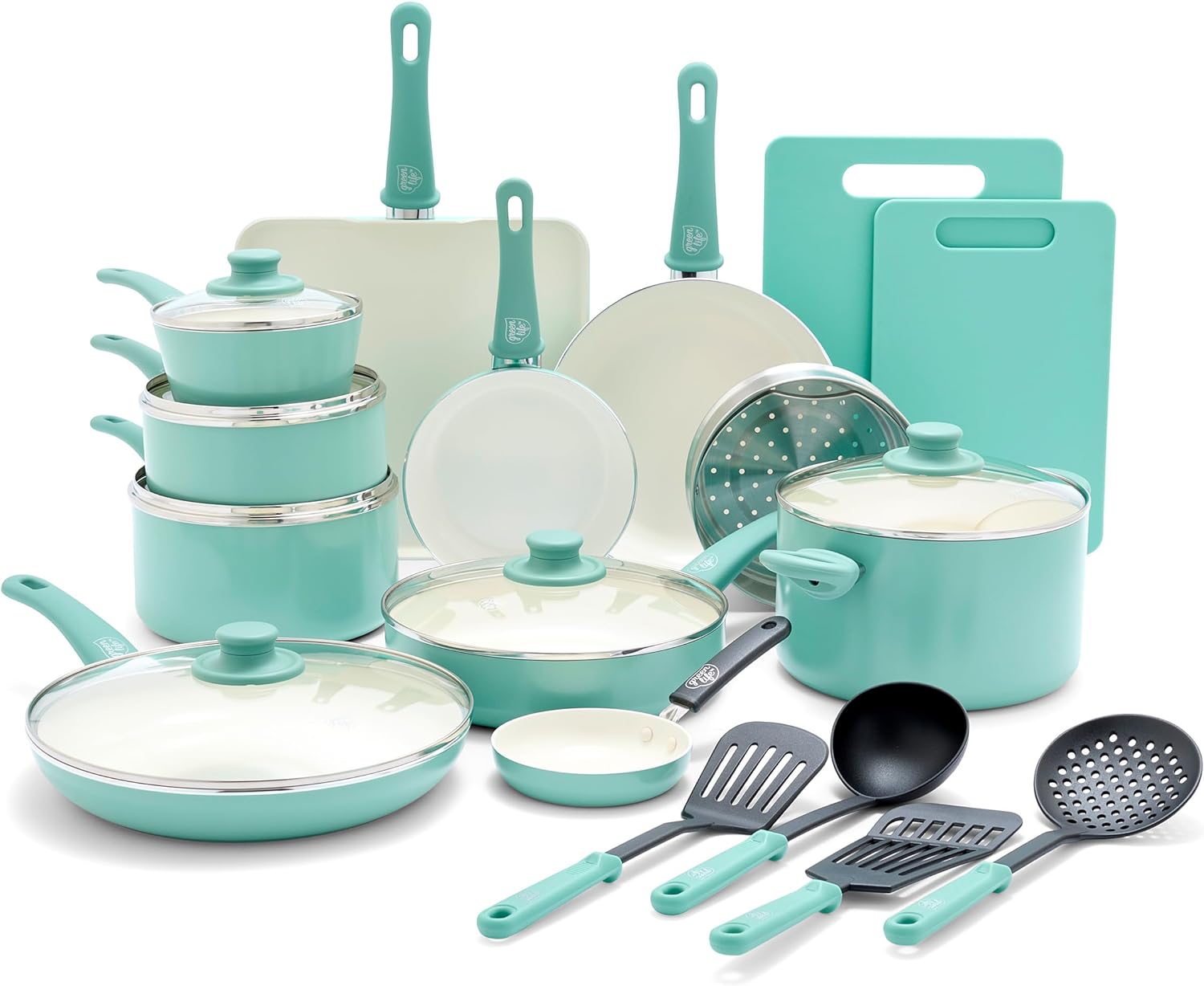 GreenLife Soft Grip Healthy Ceramic Nonstick 23 Piece Kitchen Cookware Pots and Frying Sauce Saute Pans Set with Kitchen Utensils, PFAS-Free, Dishwasher Safe, Turquoise GreenLife Soft Grip Healthy Ceramic Nonstick 23 Piece Kitchen Cookware Pots and Frying Sauce Saute Pans Set with Kitchen Utensils, PFAS-Free, Dishwasher Safe, Turquoise
