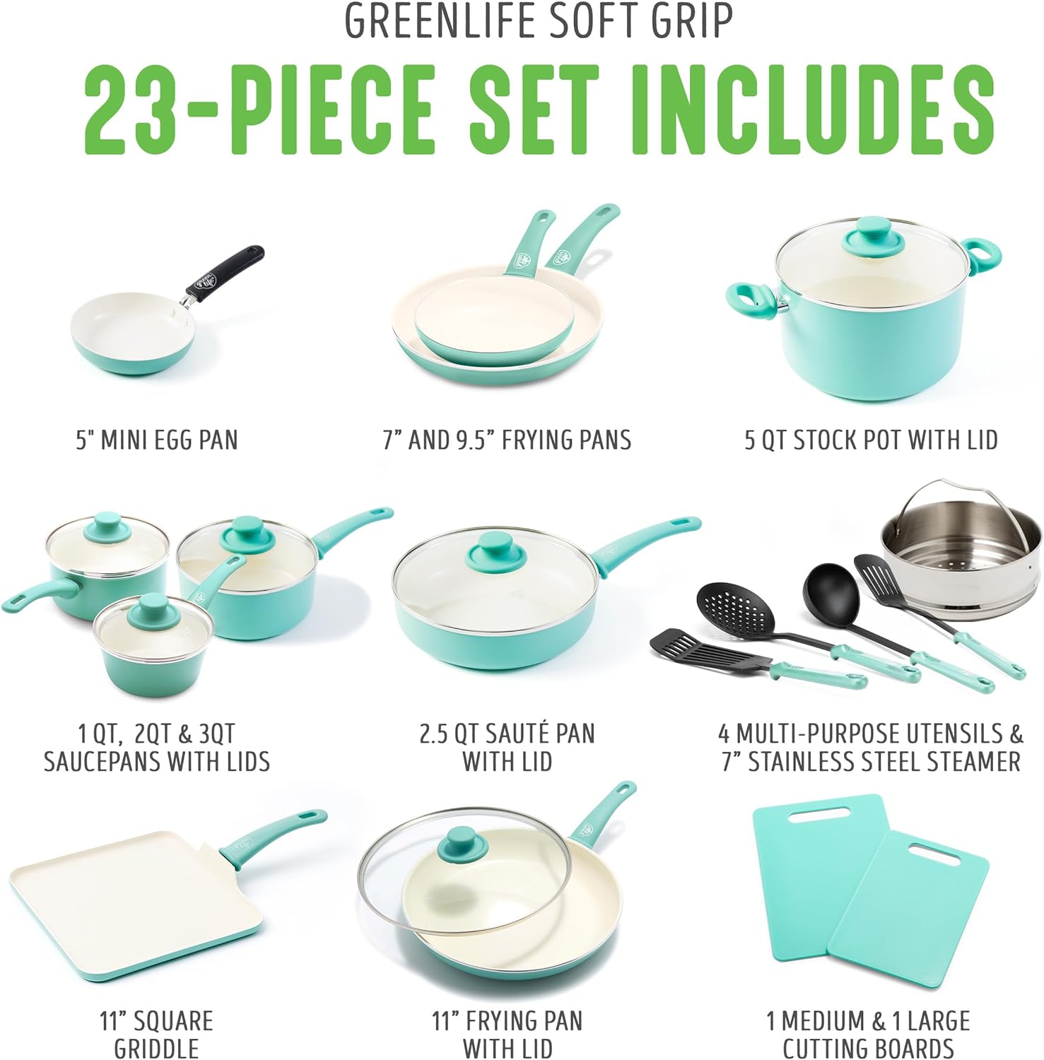 GreenLife Soft Grip Healthy Ceramic Nonstick 23 Piece Kitchen Cookware Pots and Frying Sauce Saute Pans Set with Kitchen Utensils, PFAS-Free, Dishwasher Safe, Turquoise2