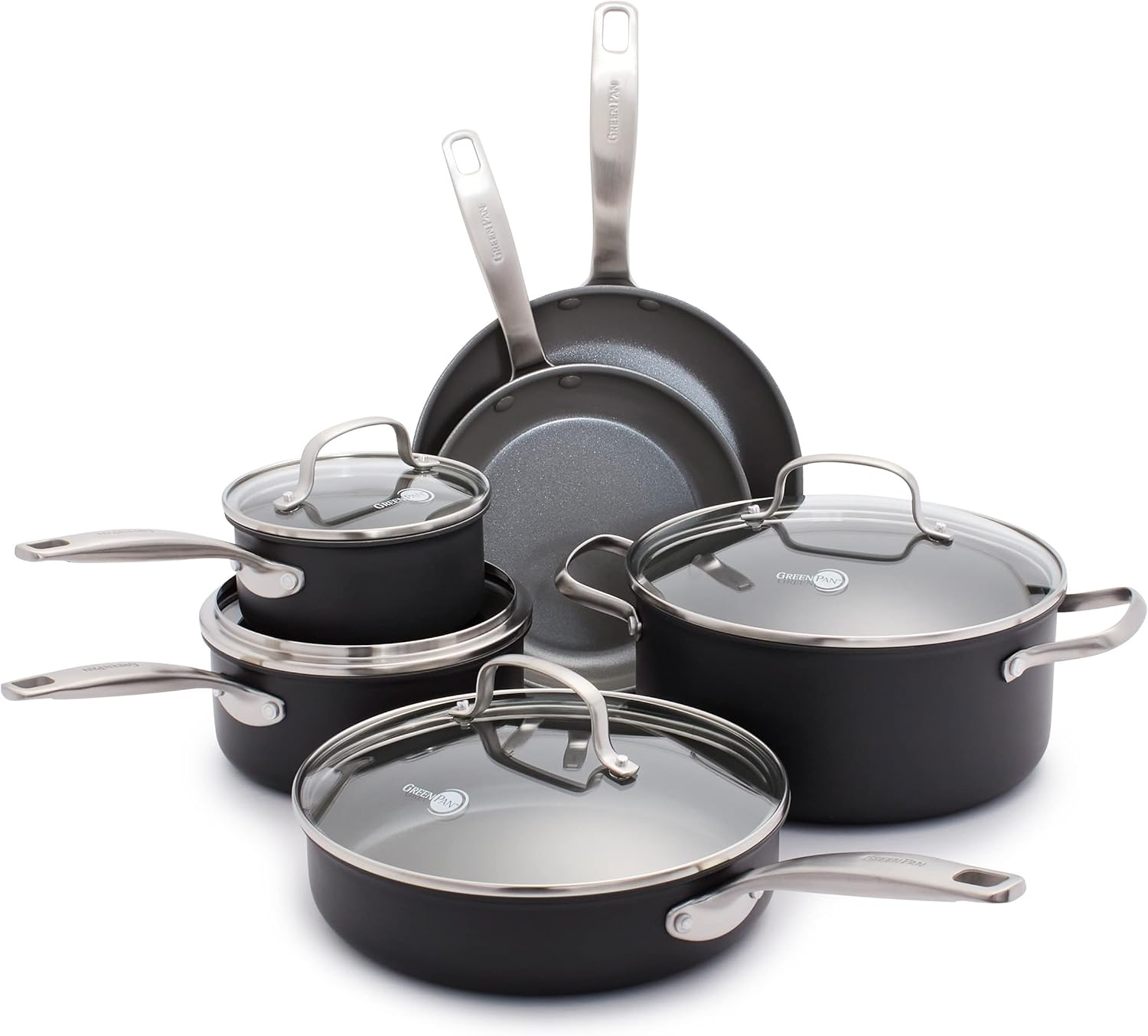 GreenPan Chatham Hard Anodized Healthy Ceramic Nonstick 10 Piece Cookware Pots and Pans Set, Frying Pan Skillets, Saucepans, Saute Pan, Stockpot, Lids, PFAS & PFOA-Free, Dishwasher & Oven Safe, Gray GreenPan Chatham Hard Anodized Healthy Ceramic Nonstick 10 Piece Cookware Pots and Pans Set, Frying Pan Skillets, Saucepans, Saute Pan, Stockpot, Lids, PFAS & PFOA-Free, Dishwasher & Oven Safe, Gray